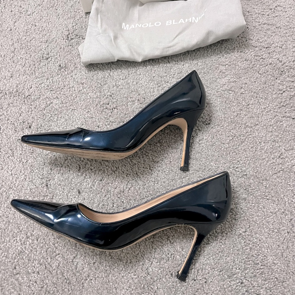 Manolo Blahnik Navy Blue Patent Newcio Pointed Toe Pumps Heels Size 8 / 38 - Picture 8 of 13